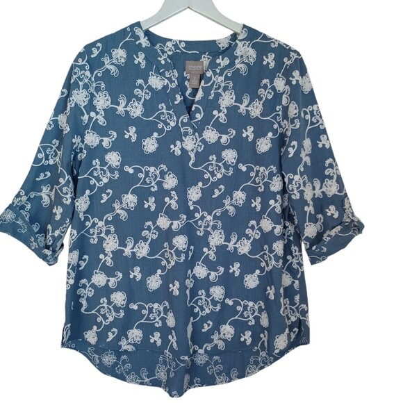 Chicos Tunic Blouse Blue Chambray Embroidered Fold Sleeve Popover Womens Large - Picture 1 of 8
